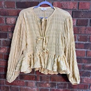 LPA womens tie front crinkle fabric balloon sleeve Ainsley blouse yellow XS